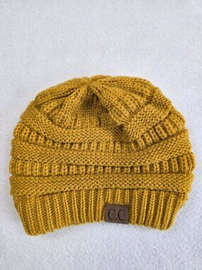 CC Mustard Yellow Knit Beanie Hat One Size 100% Acrylic Unisex Warm Winter